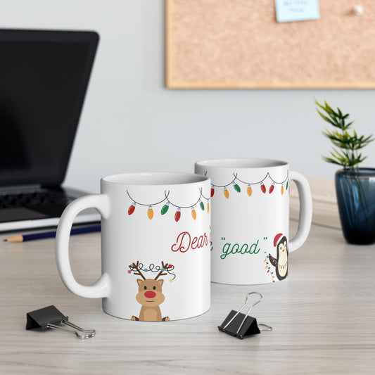 Festive Holiday Ceramic Mug - "Dear Santa, Define 'Good'" with Cute Reindeer and Penguin Design